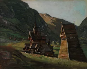 Borgund Stave Church in Laerdal by Knud Baade Oil Painting