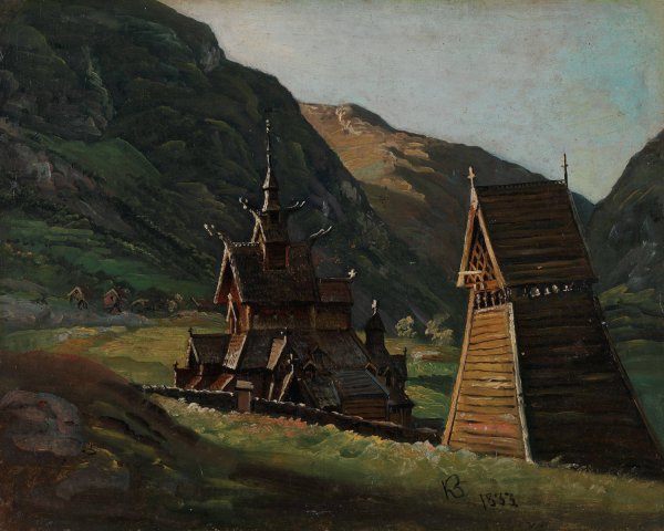 Borgund Stave Church in Laerdal  by Knud Baade - Hand-Painted Oil Painting Reproduction