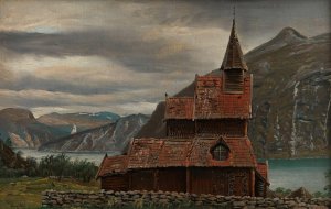 Urnes Stave Church in Sogn by Knud Baade Oil Painting