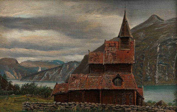 Urnes Stave Church in Sogn  by Knud Baade - Hand-Painted Oil Painting Reproduction