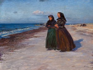 To fiskerkoner ved stranden i blaesevejr, Nordjylland by Knud Larsen Bergslien Oil Painting