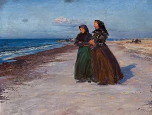 To fiskerkoner ved stranden i blaesevejr, Nordjylland by Knud Larsen Bergslien Oil Painting