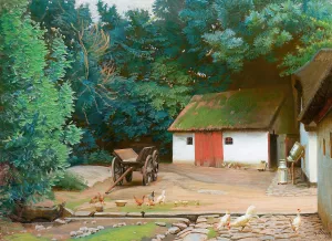 Gardeksterior med hons Oil painting by Knud Sinding