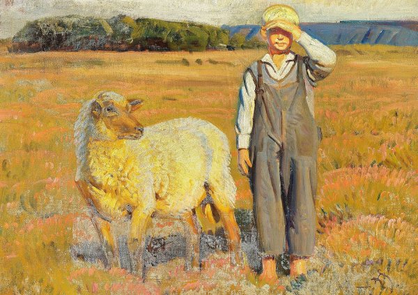 Sommerdag med en lille farehyrde by Knud Sinding - Hand-Painted Oil Painting Reproduction