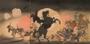 Bombarding the Enemy Camp as Our Second Army Lands at Jinzhou Fortress Oil painting by Kobayashi Kiyochika