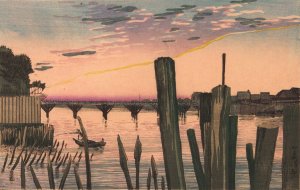 Breakwater Stakes and Ryogoku Bridge by Kobayashi Kiyochika Oil Painting