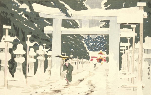 Heavy Snow at Toshogu Shrine in Ueno  by Kobayashi Kiyochika - Hand-Painted Oil Painting Reproduction