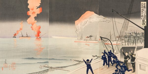 Main Product Photo of Hurrah for the Great Victory of the Navy of Great Japan at the Naval Battle of Incheon between Japan and Russia  Painting by Kobayashi Kiyochika