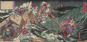 Minamoto Yoshitsune, Governor of Iyo, Leaping across Eight Boats by Kobayashi Kiyochika Oil Painting