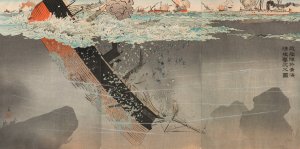 Our Navy Sinking a Chinese Warship in the Yellow Sea by Kobayashi Kiyochika Oil Painting