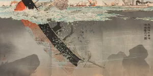 Our Navy Sinking a Chinese Warship in the Yellow Sea by Kobayashi Kiyochika Oil Painting