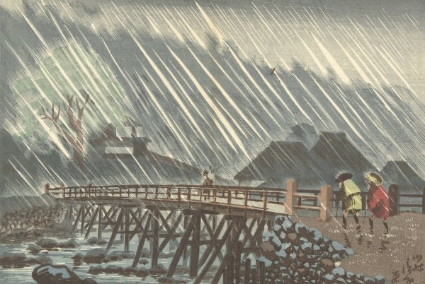 Rain At Sanmaibashi In Hakone  by Kobayashi Kiyochika - Hand-Painted Oil Painting Reproduction