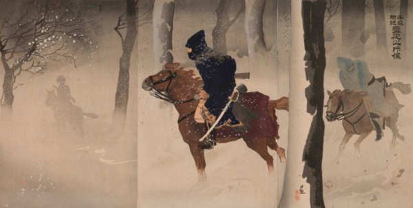 Scouts near Nuizhuang on a Snowy Night  by Kobayashi Kiyochika - Hand-Painted Oil Painting Reproduction