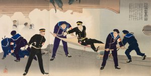 Struggling Hard on the Battleship Hatsuse in the Harbor of Port Arthur by Kobayashi Kiyochika Oil Painting
