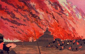 The Great Fire at Ryogoku Bridge, Viewed from Asakusa Bridge on the 26th of January, 1881 by Kobayashi Kiyochika Oil Painting