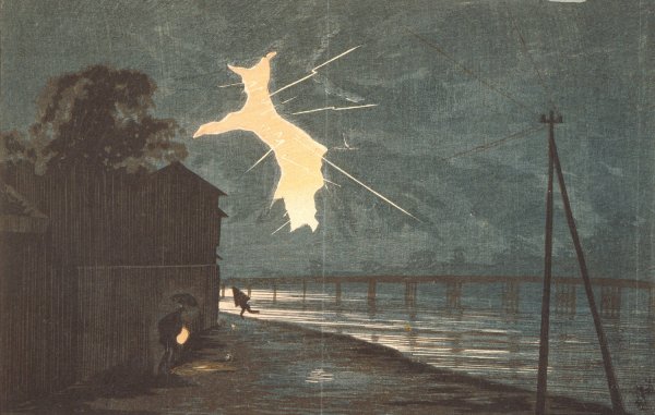 Main Product Photo of Thunder and Lightning at Oumaya Bridge  Painting by Kobayashi Kiyochika