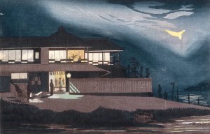 View of Houses of Entertainment in Imado at Dawn by Kobayashi Kiyochika Oil Painting