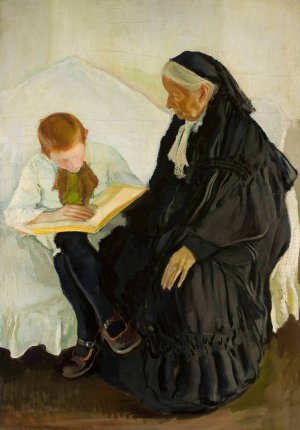 Grandmother with her grandson by Konrad Krzyzanowski Oil Painting