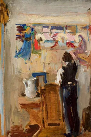 Painter Janusz Nawroczynski in the studio, sketch Oil painting by Konrad Krzyzanowski