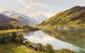A View of Zell am See with the Kitzsteinhorn Mountai by Konrad Petrides Oil Painting