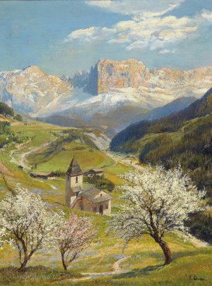 Sankt Zyprian in Tiers mit dem Rosengarten by Konrad Petrides Oil Painting
