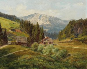 View of an Alpine Pasture, the Schneeberg in the background by Konrad Petrides Oil Painting