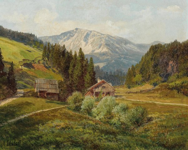 View of an Alpine Pasture, the Schneeberg in the background by Konrad Petrides - Hand-Painted Oil Painting Reproduction