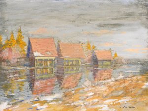 Dachas On The River Bank by Konstantin Alexeevich Korovin Oil Painting