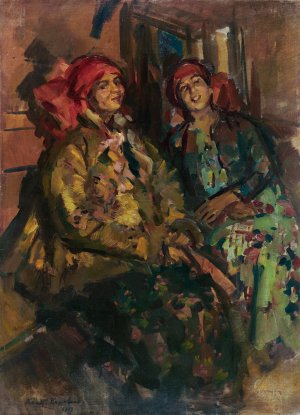 Two Girls In Peasant Costumes by Konstantin Alexeevich Korovin Oil Painting