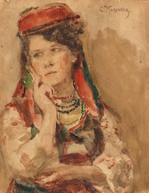 Portrait of a Young Lady in Traditional Costume by Konstantin Egorovich Makovsky Oil Painting