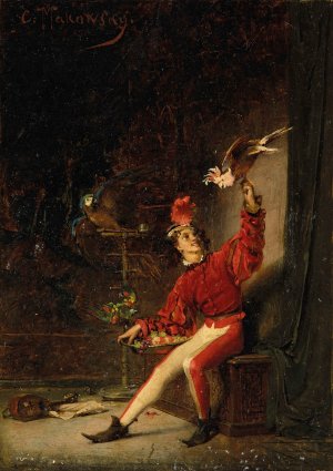 Young man with parrot by Konstantin Egorovich Makovsky Oil Painting