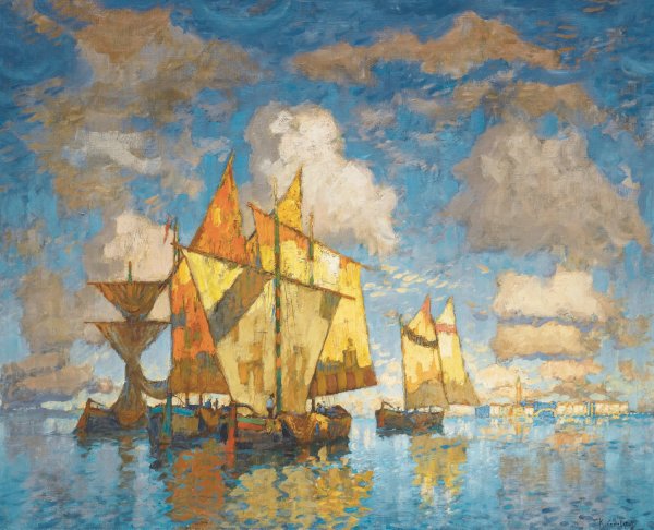 Fishing Boats In The Lagoon, Venice  by Konstantin Ivanovich Gorbatov - Hand-Painted Oil Painting Reproduction