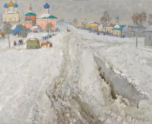 Russian Town Under The Snow by Konstantin Ivanovich Gorbatov Oil Painting