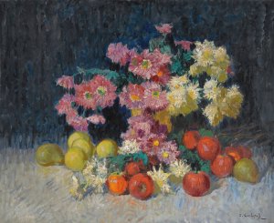 Still Life With Flowers And Fruit by Konstantin Ivanovich Gorbatov Oil Painting