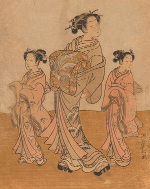 Courtesan and Two Kamuro by Koryusai Isoda Oil Painting