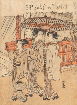 Three Females, Two Carrying Box and Lantern by Koryusai Isoda Oil Painting