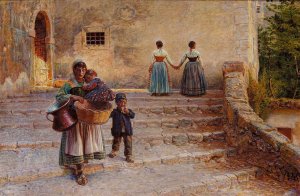 En fattig italienerinde med sine born by Kristian Zahrtmann Oil Painting