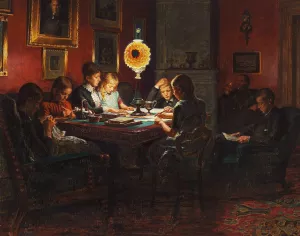 Familebillede ved Lampelys Oil painting by Kristian Zahrtmann