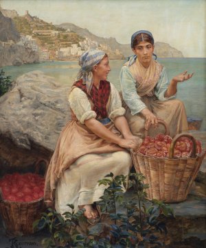 Italienske piger med tomater i kurve by Kristian Zahrtmann Oil Painting