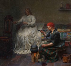 Leonora Christina in Blaataarn. The woman is cooking porridge by Kristian Zahrtmann Oil Painting