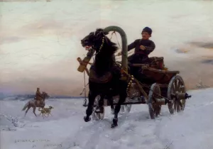 A Trader In A Horse And Cart In The Snow by Ksawery Szykier Oil Painting