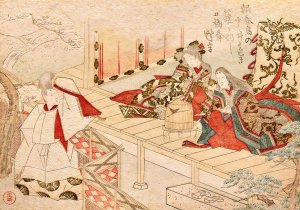 A strolling courtier waves to a lady-in-waiting sitting on a veranda with her young attendant by Kubo Shunman Oil Painting