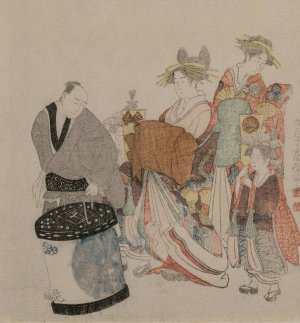 Courtesan on the Town with Attendants at Night by Kubo Shunman Oil Painting
