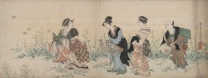 Four girls and a servant enjoying wild flowers and butterflies by Kubo Shunman Oil Painting