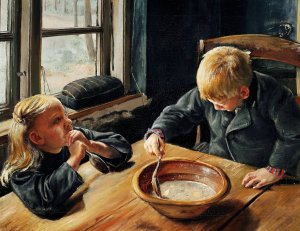En Dreng og en Pige ved Middagsmaden by L.A. Ring Oil Painting