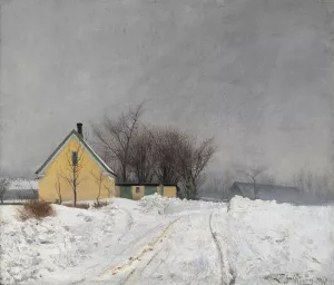 Foggy Winter Day. To the Left a Yellow House. Deep Snow by L.A. Ring Oil Painting