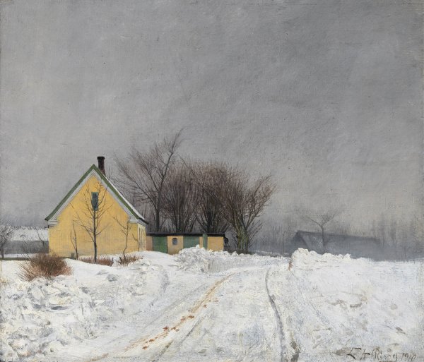 Foggy Winter Day. To the Left a Yellow House. Deep Snow by L.A. Ring - Hand-Painted Oil Painting Reproduction