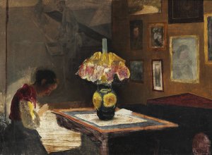 Kunstnerens hustru Sigrid syende ved lampelys. Karrebaeksminde Oil painting by L.A. Ring