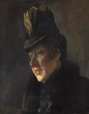 Portraet af en ung kvinde i frakke med pelskrave og hat med slor by L.A. Ring Oil Painting
