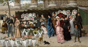 A Flower Market At La Madeleine, Paris by Ladislaus Bakalowicz Oil Painting